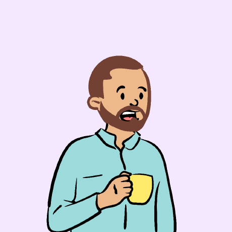 Illustrated portrait of Abdallah Arslan holding a coffee mug